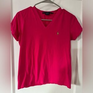 Ralph Lauren Sport Pink V Neck Tee Green Pony Size Small